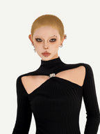Nico Molly Black Cutout Knit High Neck Slim Women's Long Sleeve T-shirts