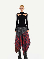Nico Molly Black Cutout Knit High Neck Slim Women's Long Sleeve T-shirts