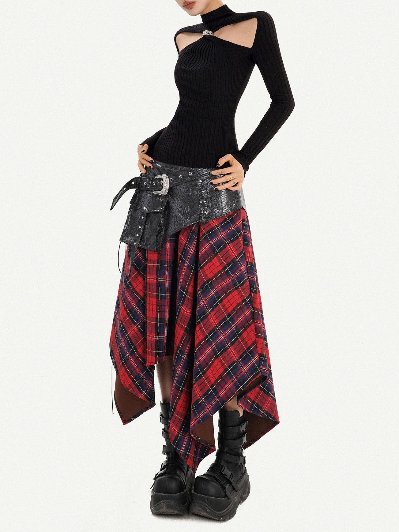Nico Molly Black Cutout Knit High Neck Slim Women's Long Sleeve T-shirts