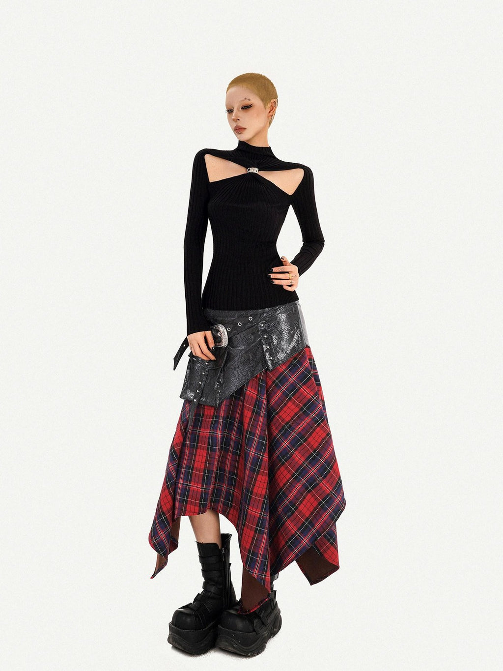 Nico Molly Black Cutout Knit High Neck Slim Women's Long Sleeve T-shirts