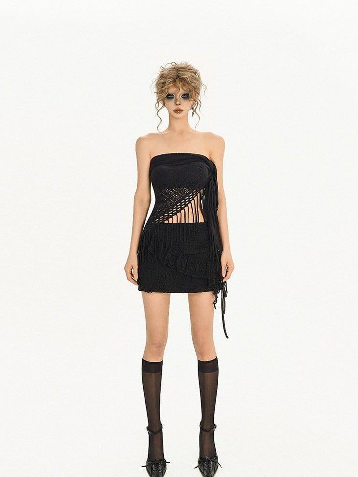 Nico Molly Black Cutout Tassel Slim One Piece Women's Tube Tops / Bandeaus