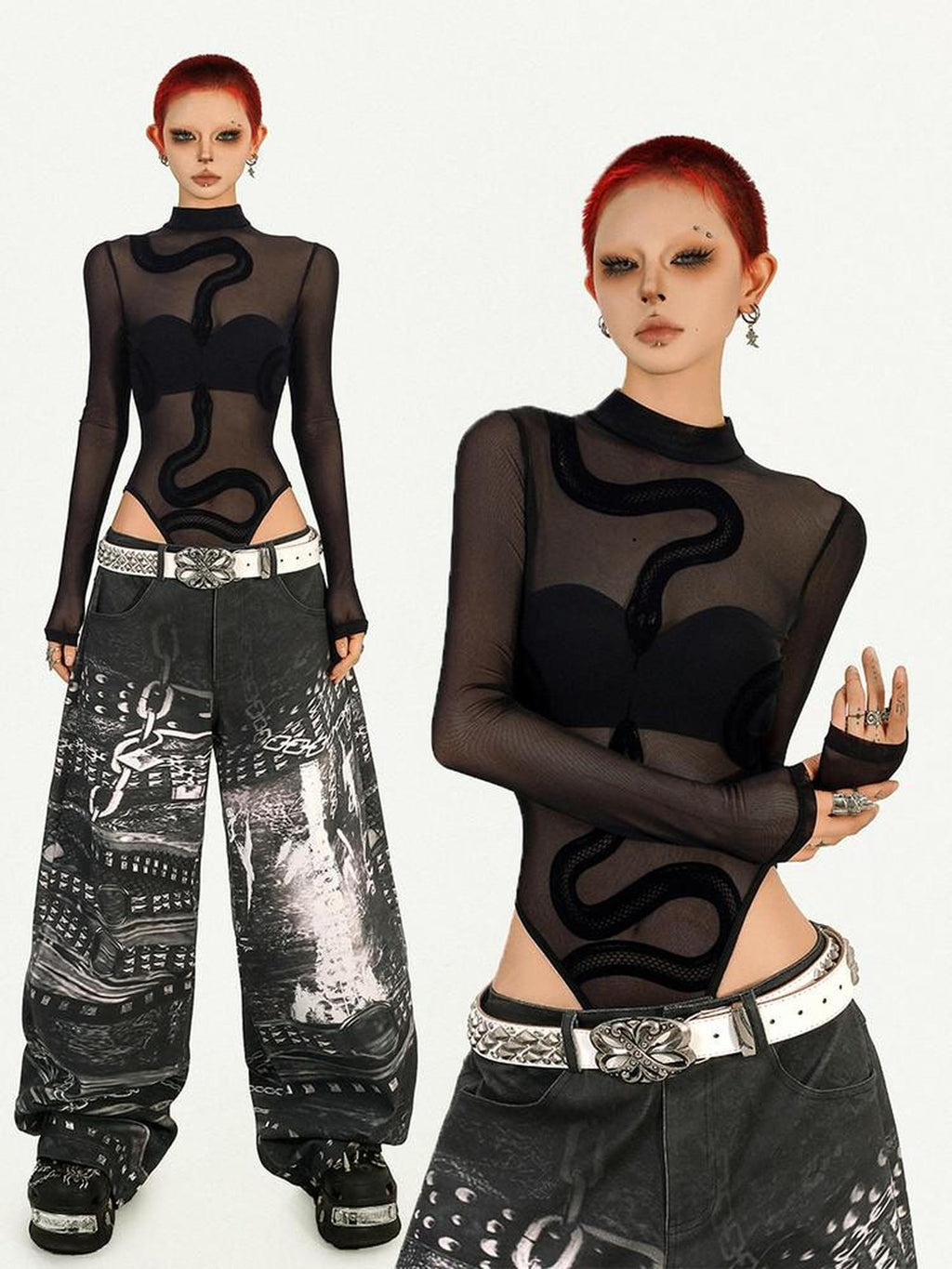 Nico Molly Black Cyberpunk Slim Sheer Women's Mesh Long Sleeve T-shirts