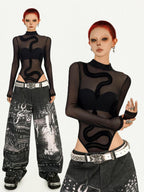 Nico Molly Black Cyberpunk Slim Sheer Women's Mesh Long Sleeve T-shirts