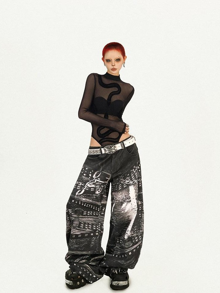 Nico Molly Black Cyberpunk Slim Sheer Women's Mesh Long Sleeve T-shirts