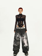 Nico Molly Black Cyberpunk Slim Sheer Women's Mesh Long Sleeve T-shirts
