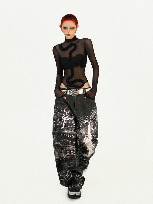 Nico Molly Black Cyberpunk Slim Sheer Women's Mesh Long Sleeve T-shirts