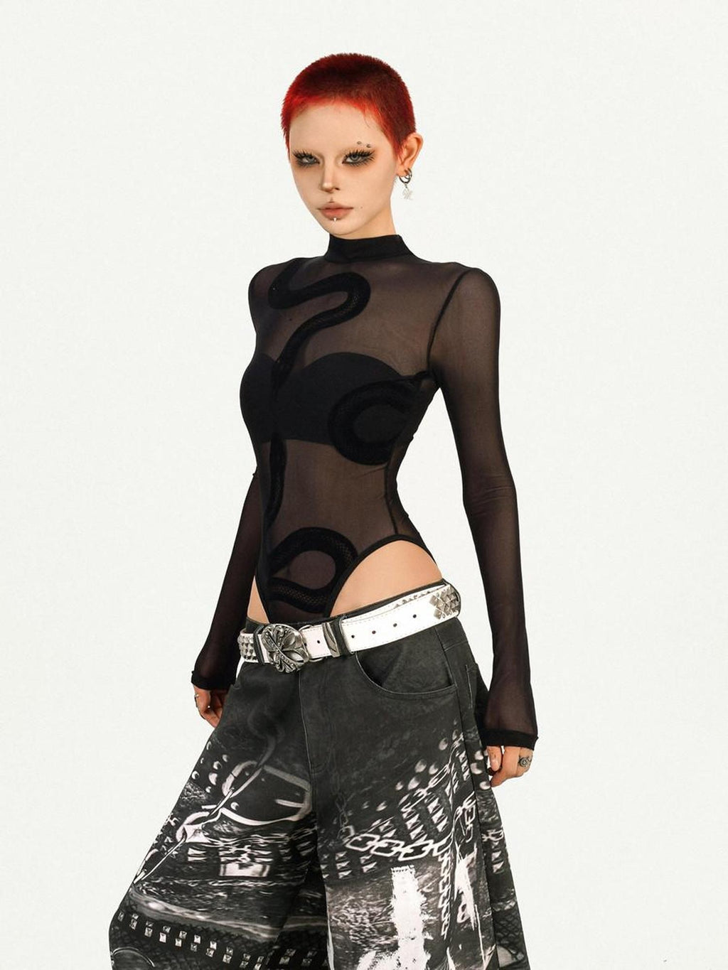 Nico Molly Black Cyberpunk Slim Sheer Women's Mesh Long Sleeve T-shirts