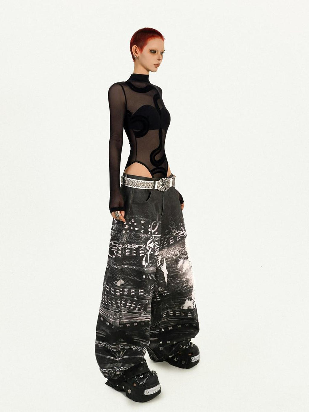 Nico Molly Black Cyberpunk Slim Sheer Women's Mesh Long Sleeve T-shirts