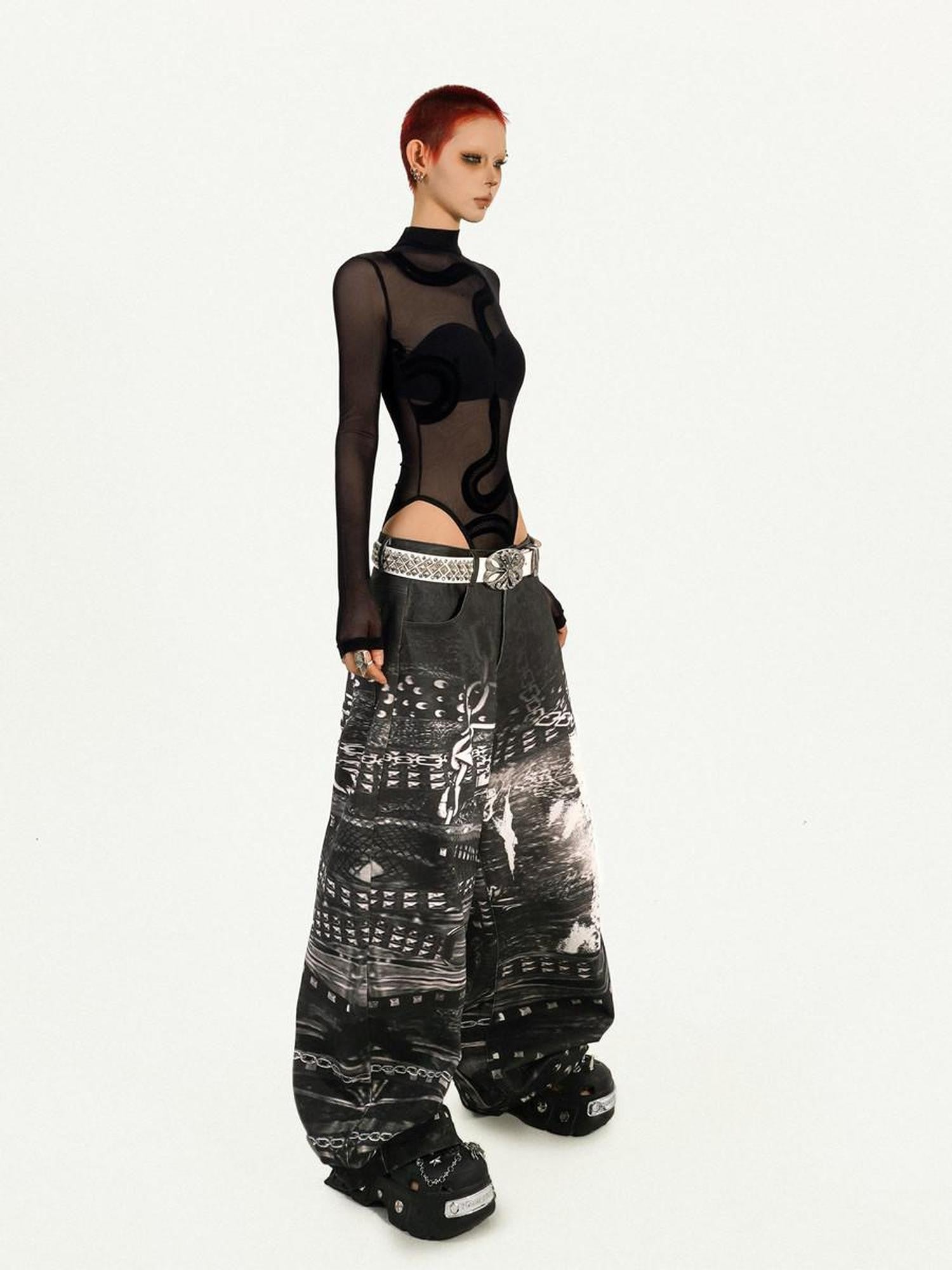 Nico Molly Black Cyberpunk Slim Sheer Women's Mesh Long Sleeve T-shirts