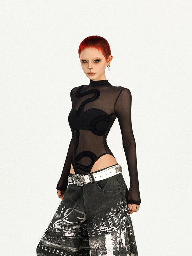 Nico Molly Black Cyberpunk Slim Sheer Women's Mesh Long Sleeve T-shirts