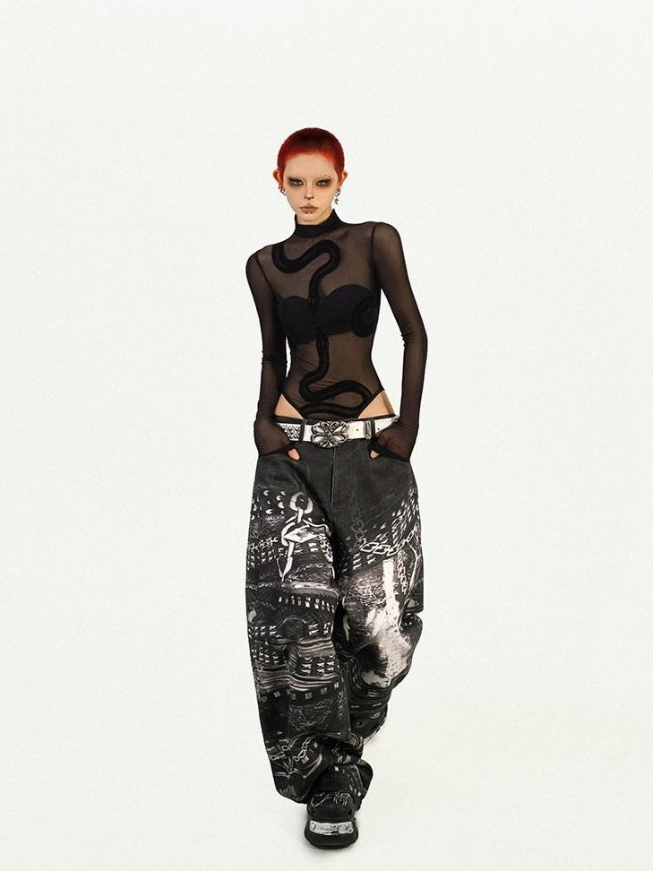 Nico Molly Black Cyberpunk Slim Sheer Women's Mesh Long Sleeve T-shirts