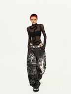 Nico Molly Black Cyberpunk Slim Sheer Women's Mesh Long Sleeve T-shirts