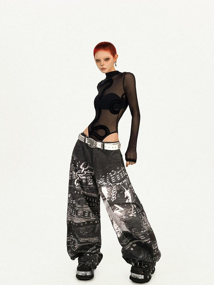 Nico Molly Black Cyberpunk Slim Sheer Women's Mesh Long Sleeve T-shirts