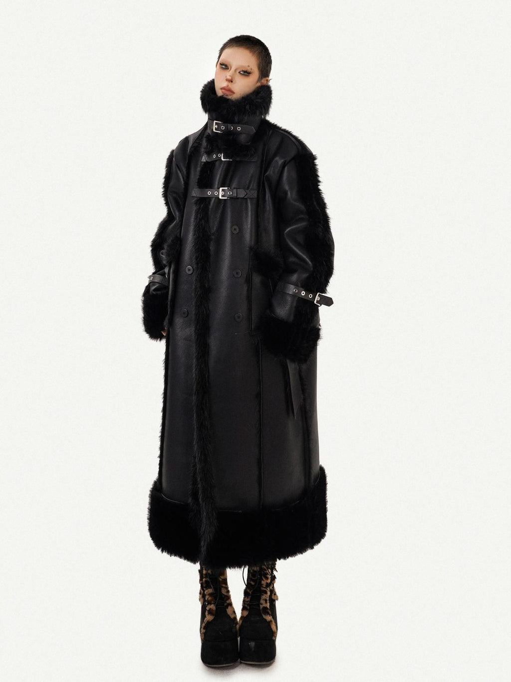 Nico Molly Black Dark Punk High Neck Double Breasted Women's Eco Fur Long Coats