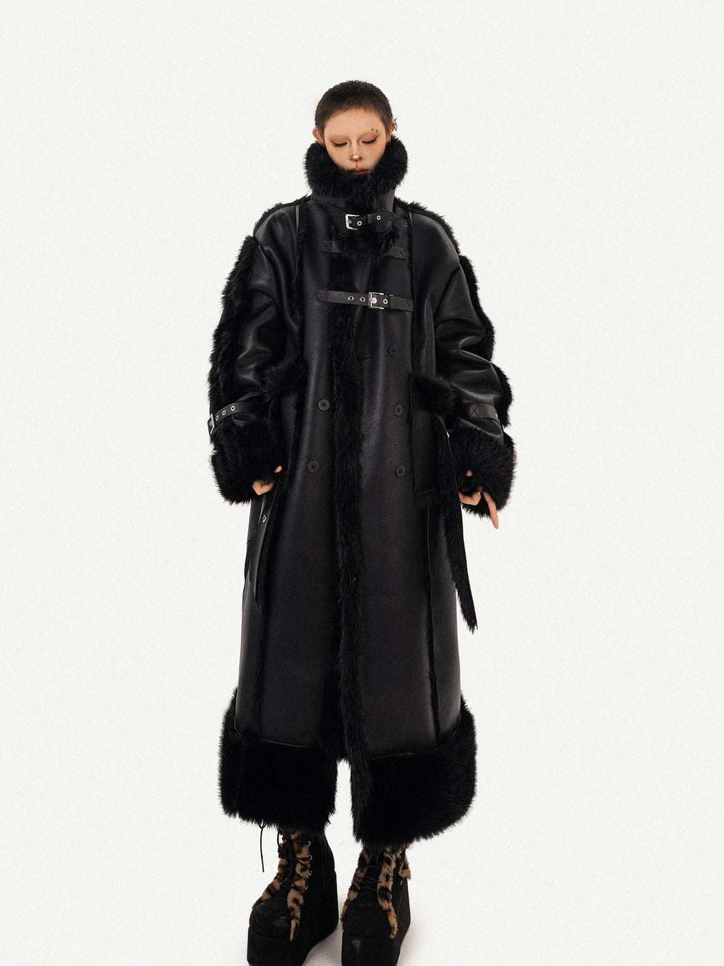 Nico Molly Black Dark Punk High Neck Double Breasted Women's Eco Fur Long Coats