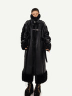 Nico Molly Black Dark Punk High Neck Double Breasted Women's Eco Fur Long Coats