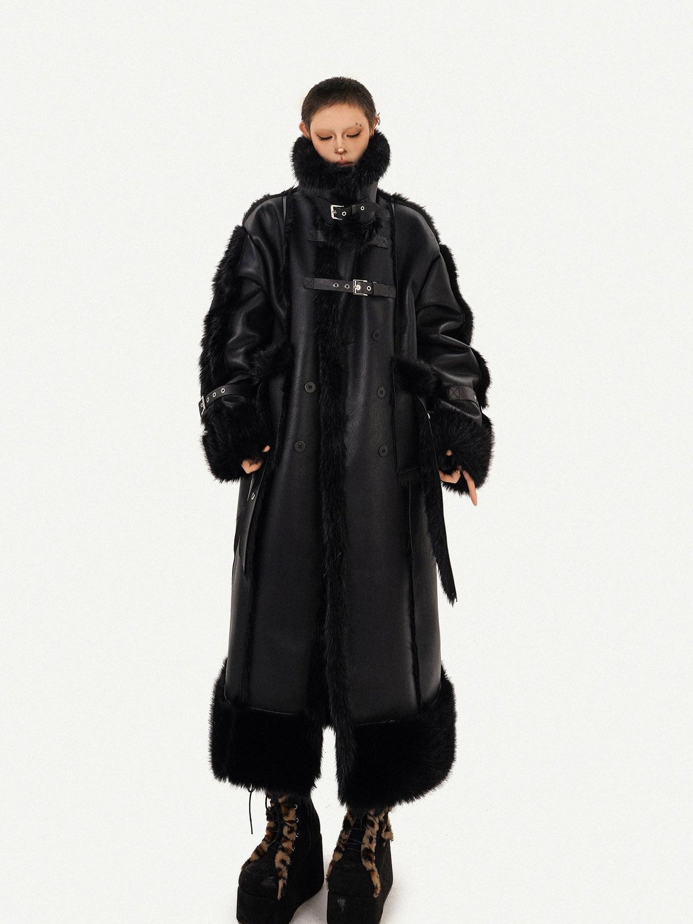 Nico Molly Black Dark Punk High Neck Double Breasted Women's Eco Fur Long Coats