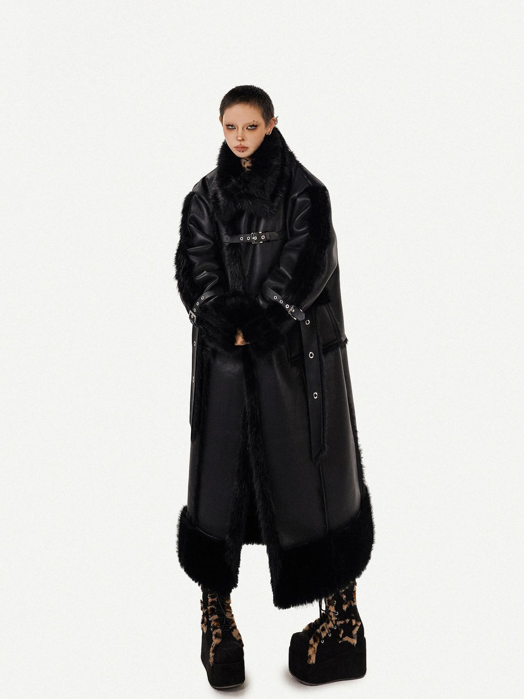 Nico Molly Black Dark Punk High Neck Double Breasted Women's Eco Fur Long Coats
