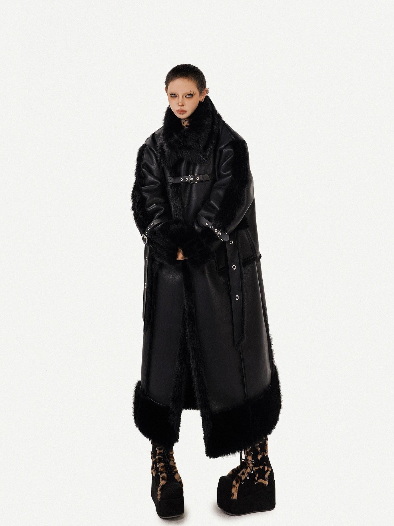 Nico Molly Black Dark Punk High Neck Double Breasted Women's Eco Fur Long Coats