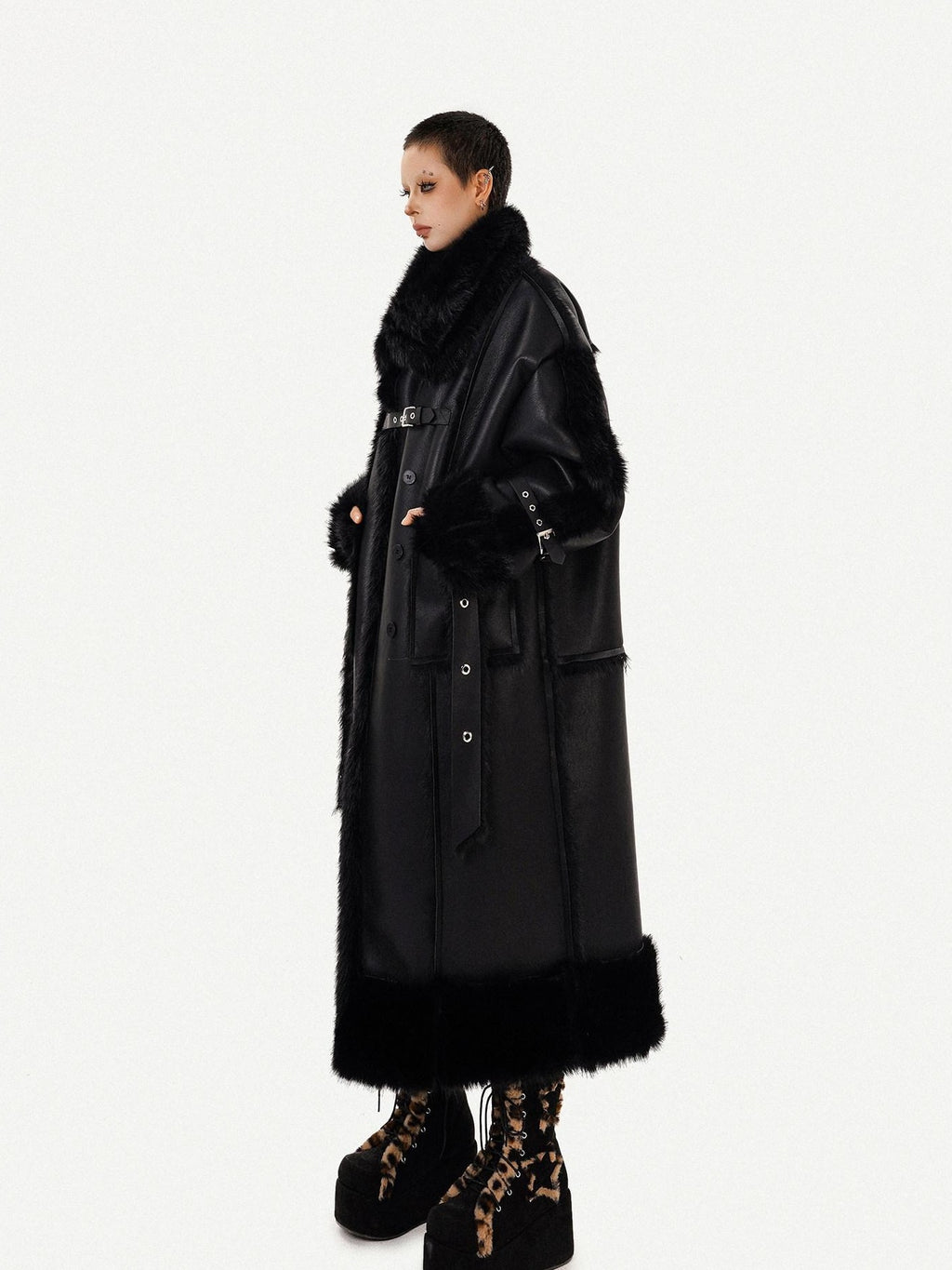 Nico Molly Black Dark Punk High Neck Double Breasted Women's Eco Fur Long Coats