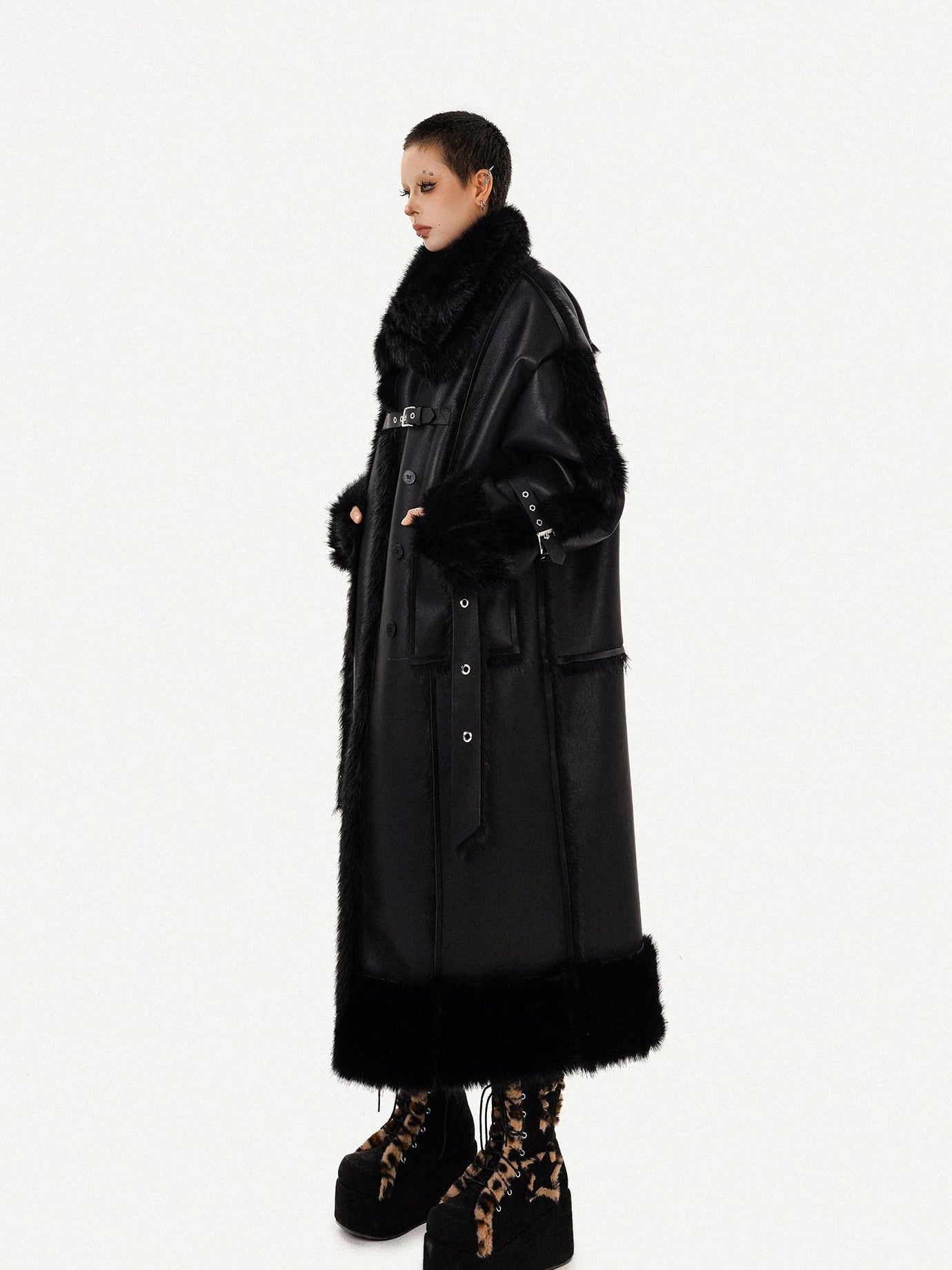 Nico Molly Black Dark Punk High Neck Double Breasted Women's Eco Fur Long Coats