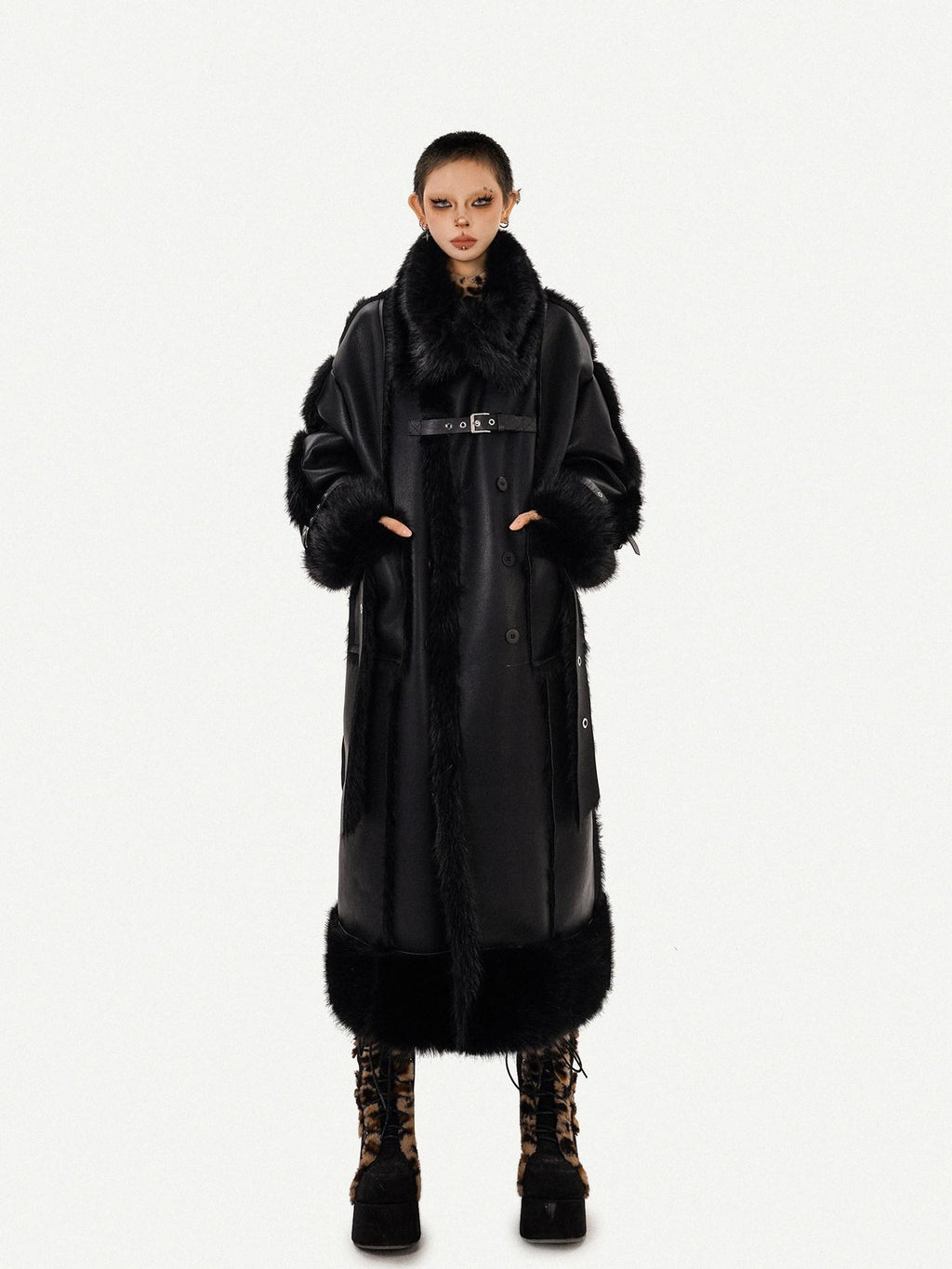 Nico Molly Black Dark Punk High Neck Double Breasted Women's Eco Fur Long Coats