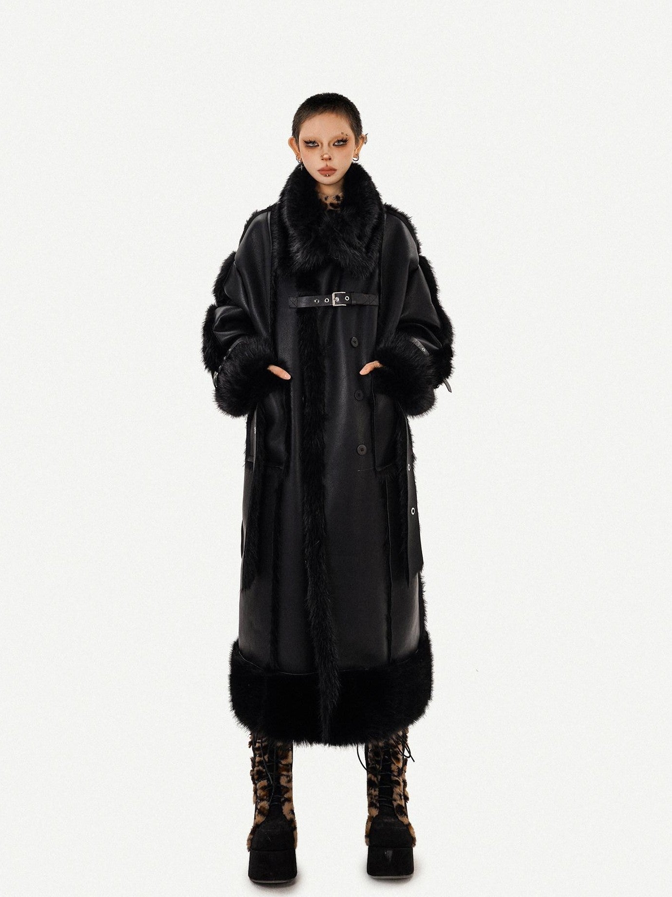 Nico Molly Black Dark Punk High Neck Double Breasted Women's Eco Fur Long Coats