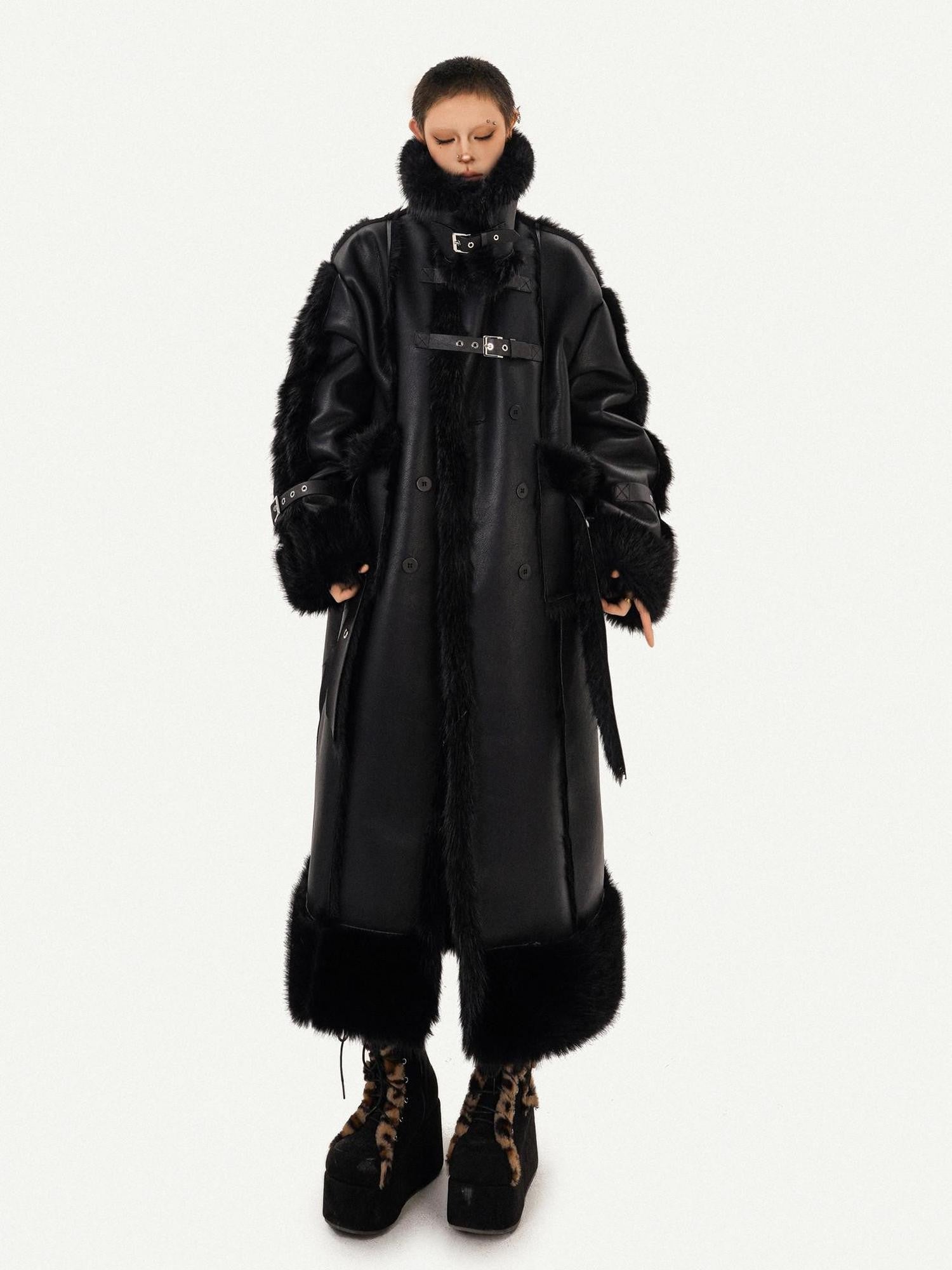 Nico Molly Black Dark Punk High Neck Double Breasted Women's Eco Fur Long Coats