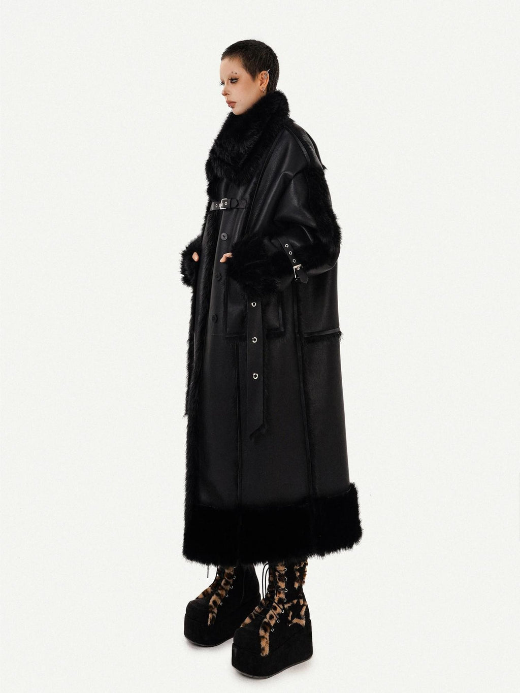 Nico Molly Black Dark Punk High Neck Double Breasted Women's Eco Fur Long Coats