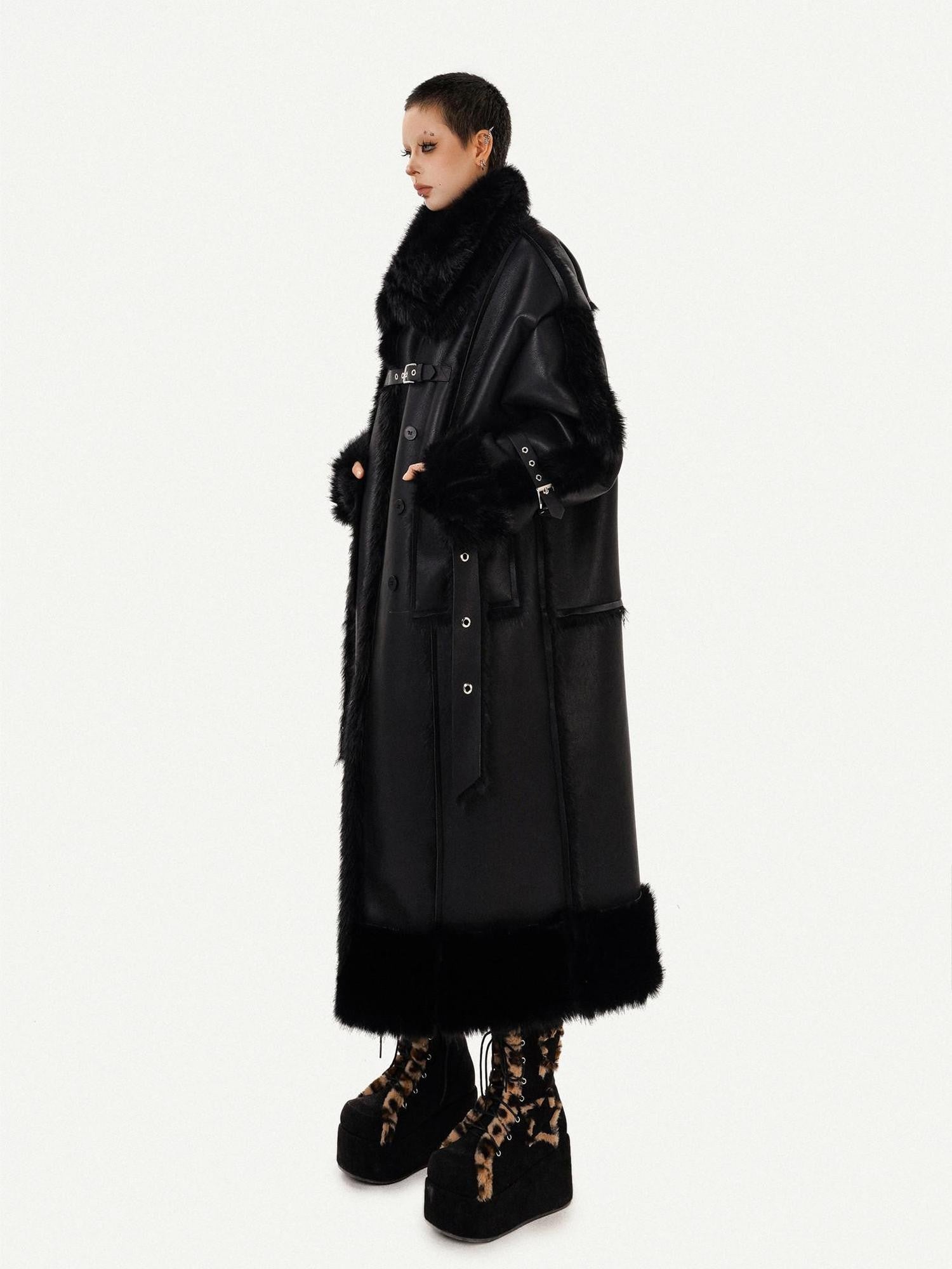 Nico Molly Black Dark Punk High Neck Double Breasted Women's Eco Fur Long Coats