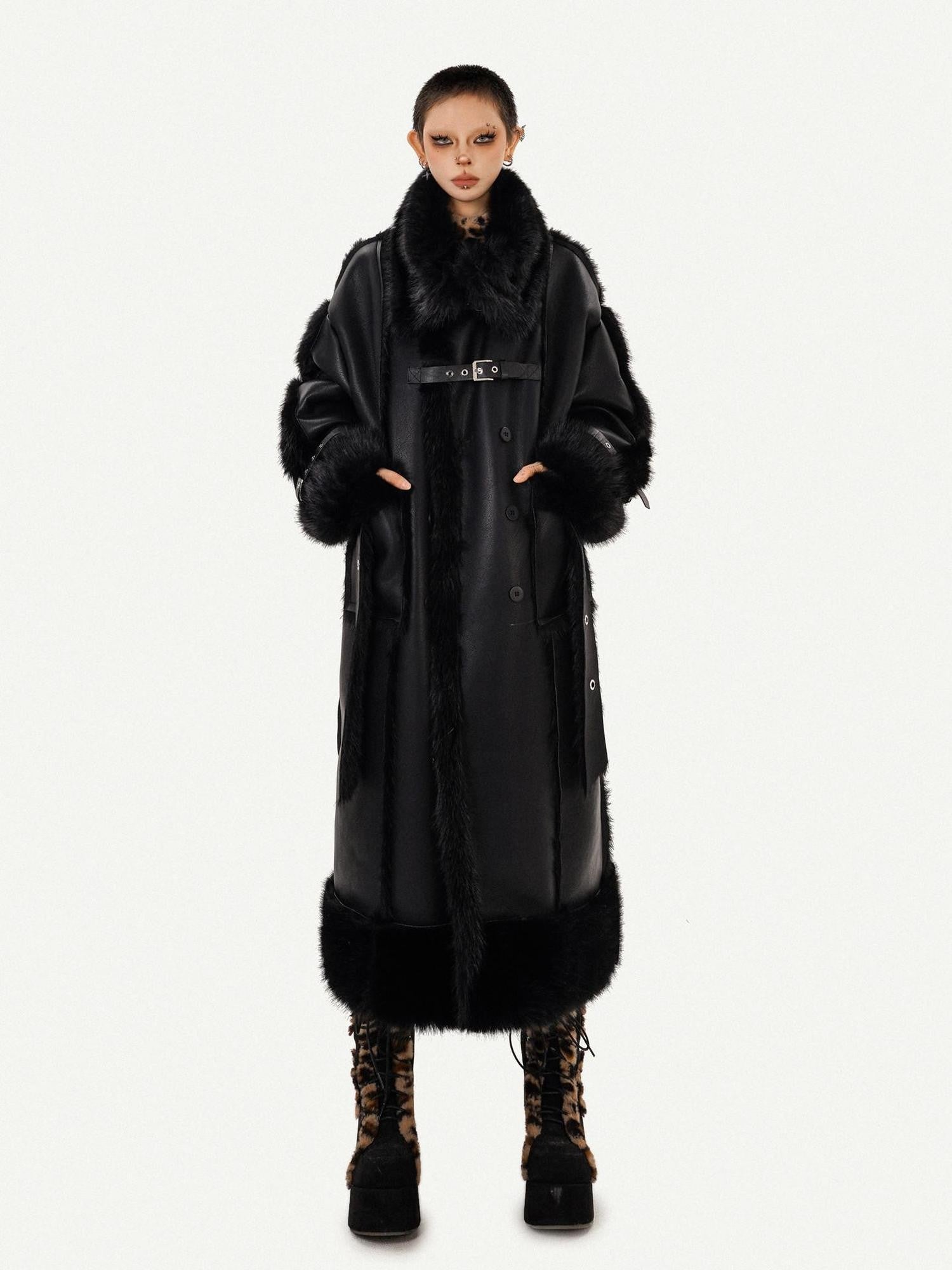 Nico Molly Black Dark Punk High Neck Double Breasted Women's Eco Fur Long Coats