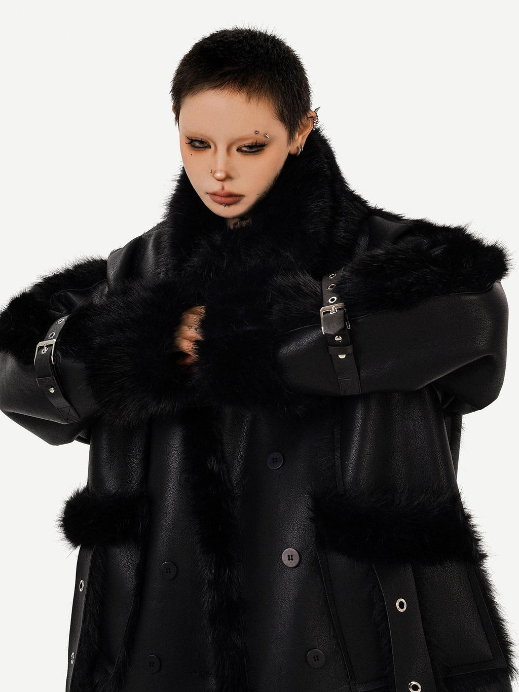 Nico Molly Black Dark Punk High Neck Double Breasted Women's Eco Fur Long Coats