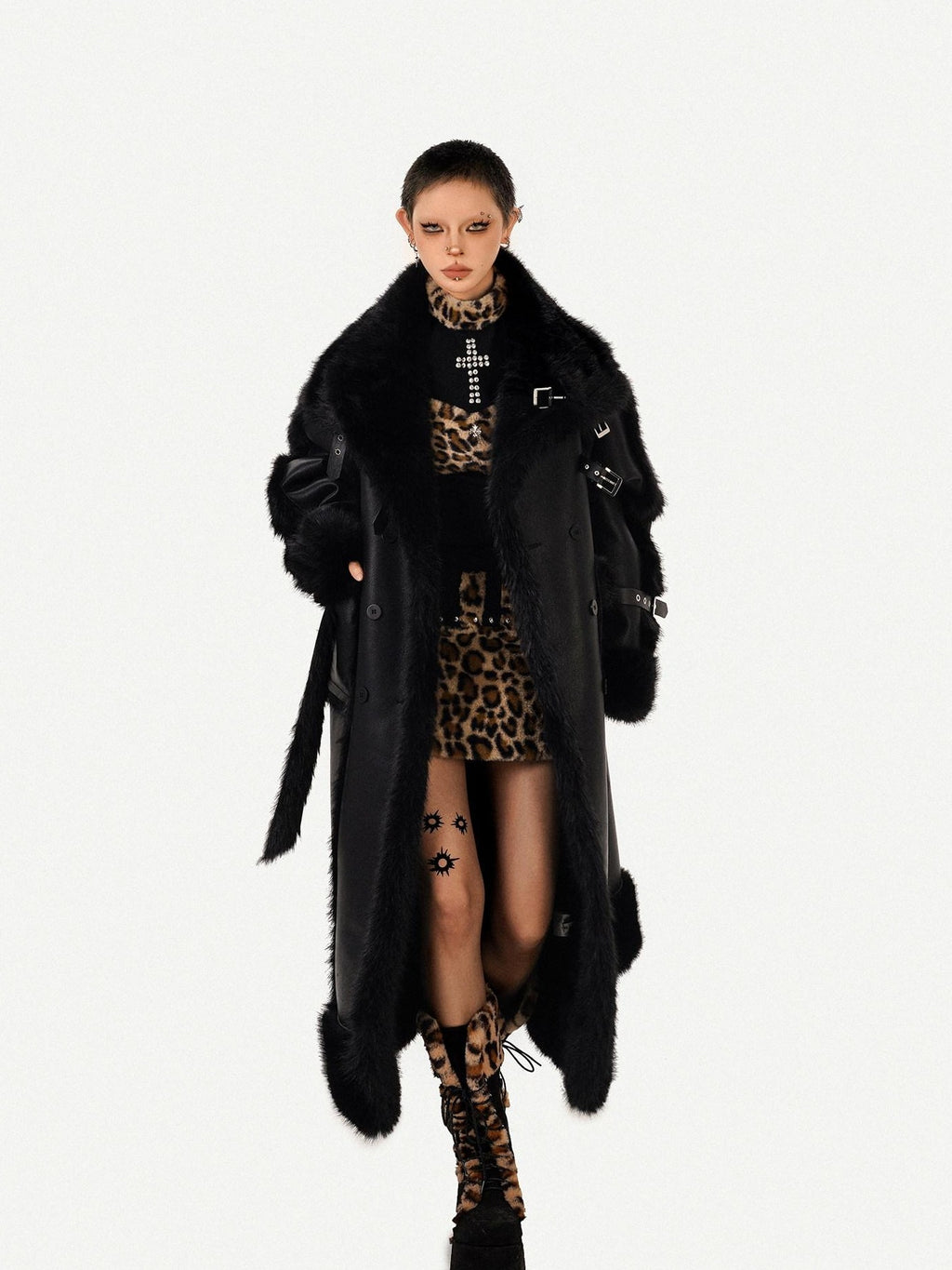 Nico Molly Black Dark Punk High Neck Double Breasted Women's Eco Fur Long Coats