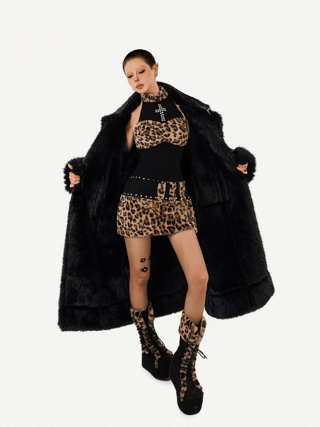 Nico Molly Black Dark Punk High Neck Double Breasted Women's Eco Fur Long Coats