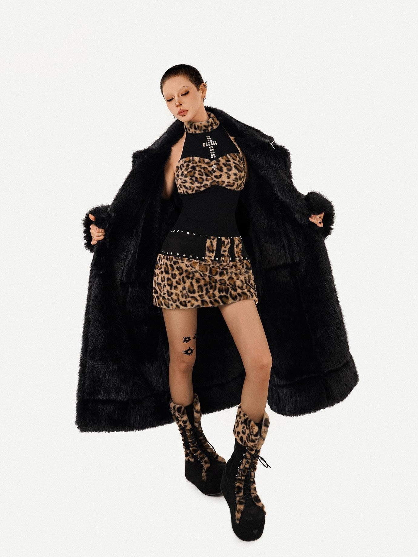 Nico Molly Black Dark Punk High Neck Double Breasted Women's Eco Fur Long Coats