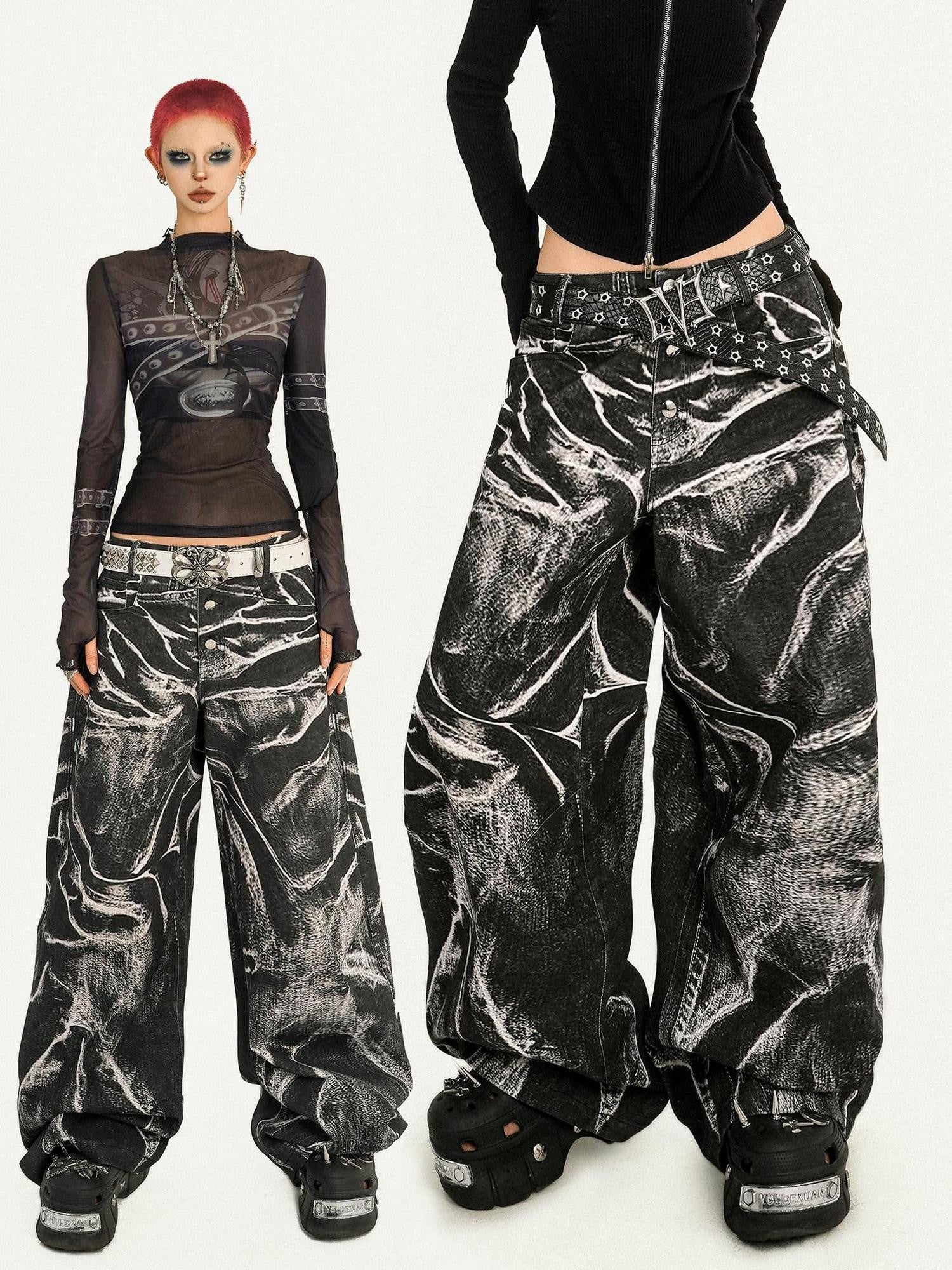 Nico Molly Black Dark Punk Washed Wave Pleated Women's Denim Natural Waist Wide-leg Jeans