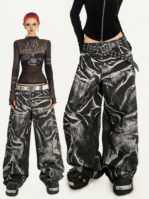 Nico Molly Black Dark Punk Washed Wave Pleated Women's Denim Natural Waist Wide-leg Jeans