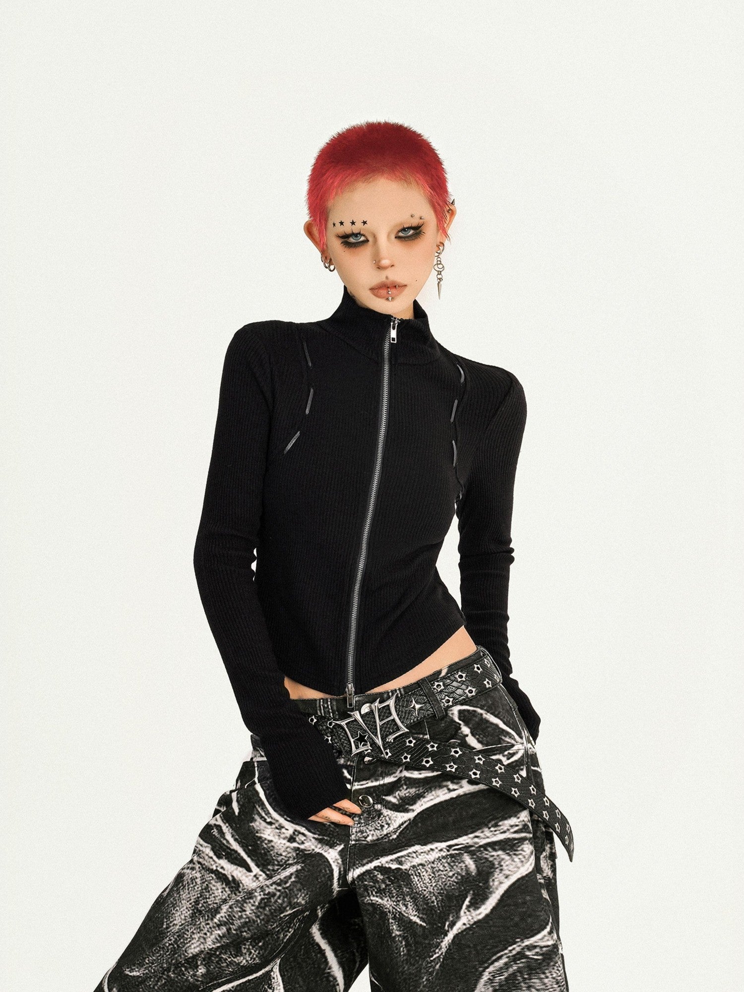 Nico Molly Black Dark Punk Washed Wave Pleated Women's Denim Natural Waist Wide-leg Jeans
