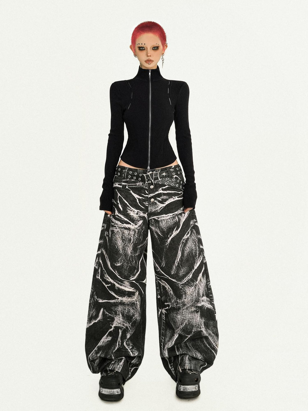 Nico Molly Black Dark Punk Washed Wave Pleated Women's Denim Natural Waist Wide-leg Jeans