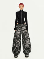 Nico Molly Black Dark Punk Washed Wave Pleated Women's Denim Natural Waist Wide-leg Jeans