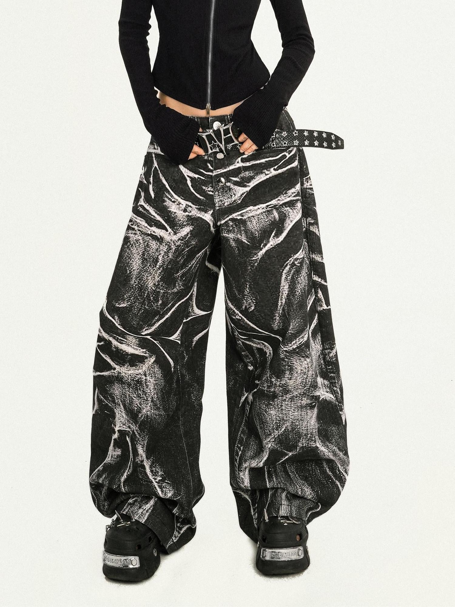 Nico Molly Black Dark Punk Washed Wave Pleated Women's Denim Natural Waist Wide-leg Jeans