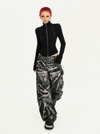 Nico Molly Black Dark Punk Washed Wave Pleated Women's Denim Natural Waist Wide-leg Jeans