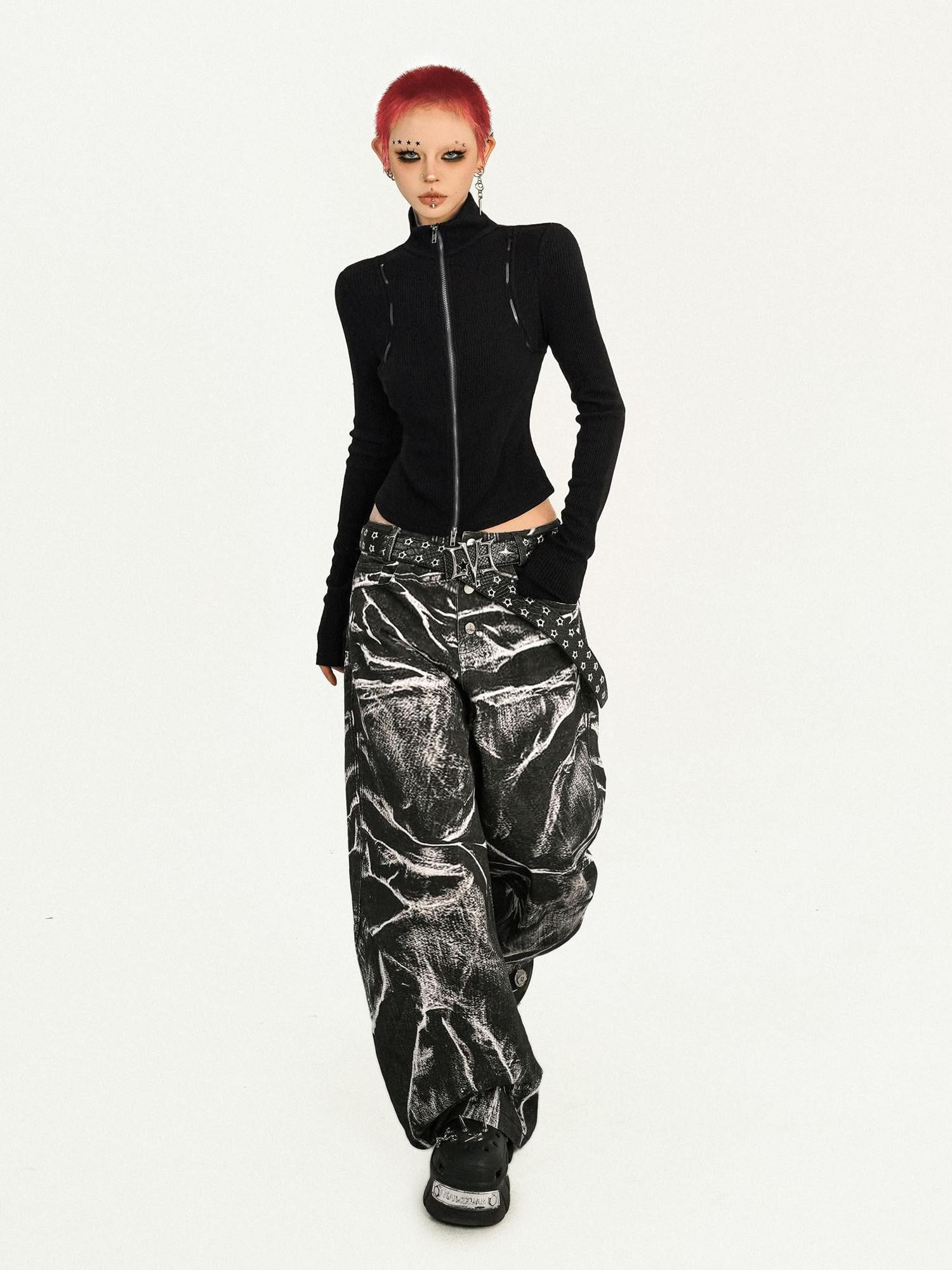 Nico Molly Black Dark Punk Washed Wave Pleated Women's Denim Natural Waist Wide-leg Jeans
