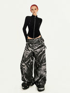 Nico Molly Black Dark Punk Washed Wave Pleated Women's Denim Natural Waist Wide-leg Jeans