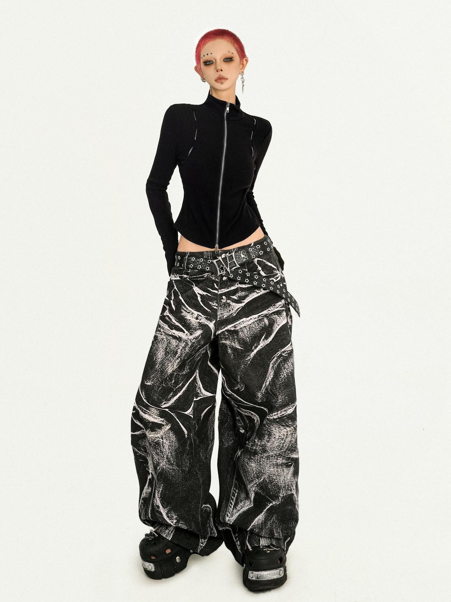 Nico Molly Black Dark Punk Washed Wave Pleated Women's Denim Natural Waist Wide-leg Jeans