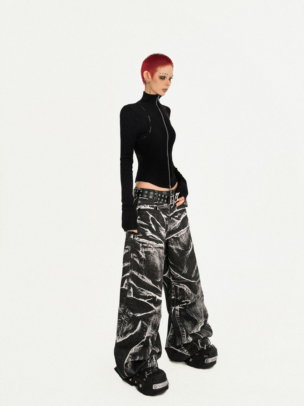Nico Molly Black Dark Punk Washed Wave Pleated Women's Denim Natural Waist Wide-leg Jeans