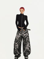 Nico Molly Black Dark Punk Washed Wave Pleated Women's Denim Natural Waist Wide-leg Jeans