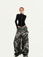 Nico Molly Black Dark Punk Washed Wave Pleated Women's Denim Natural Waist Wide-leg Jeans
