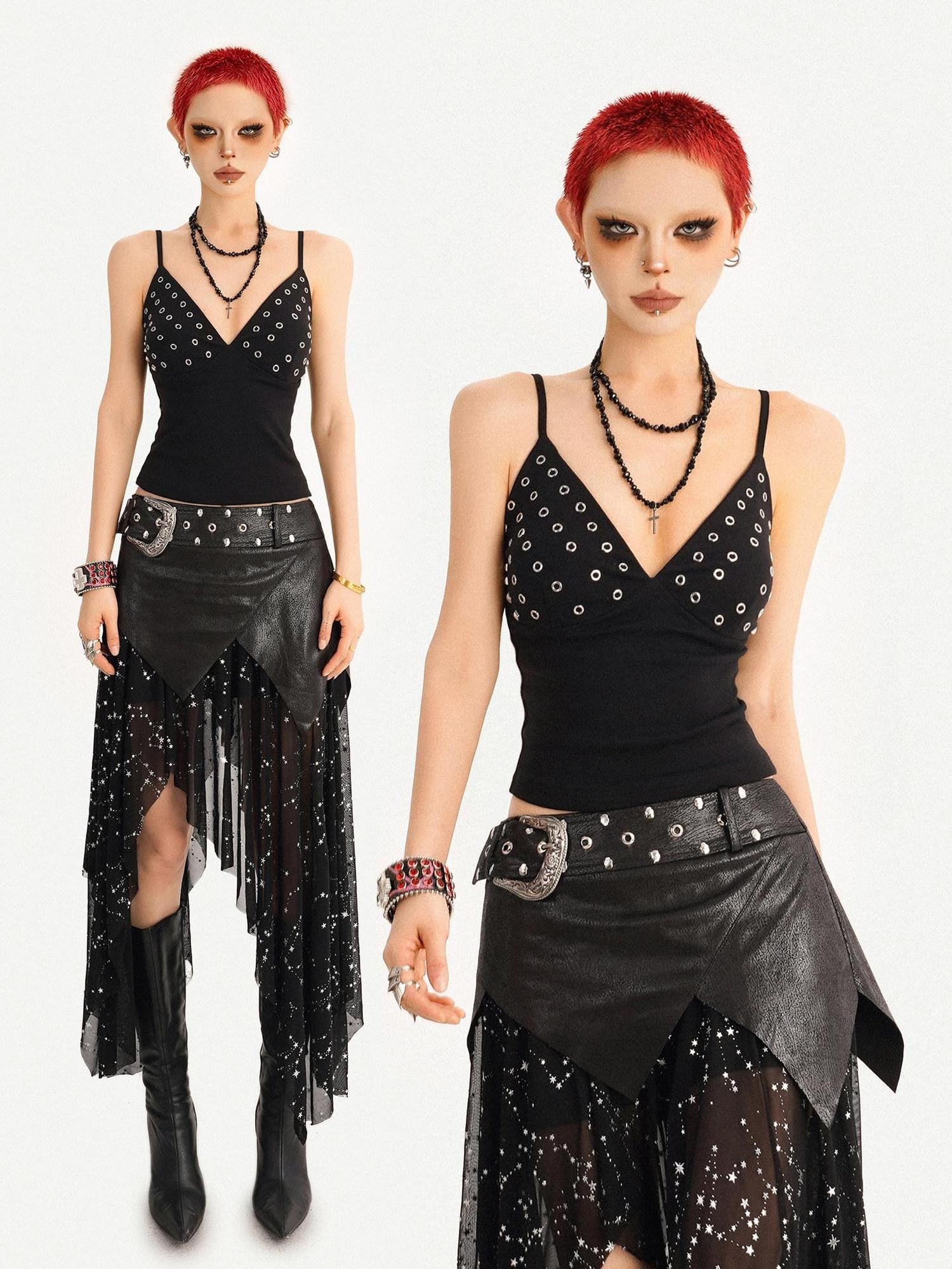 Nico Molly Black Deep V Metallic Rhinestone Slim Fit Cropped Women's Camisoles