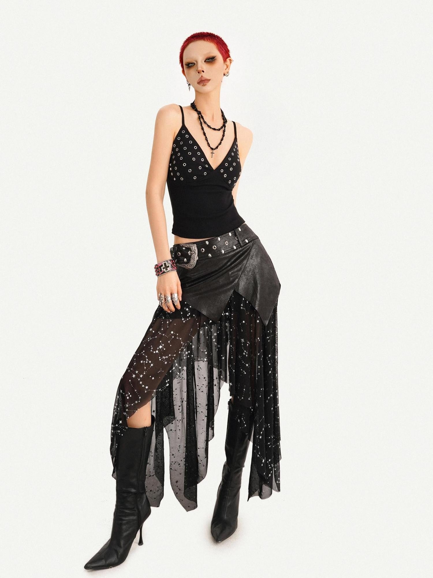 Nico Molly Black Deep V Metallic Rhinestone Slim Fit Cropped Women's Camisoles